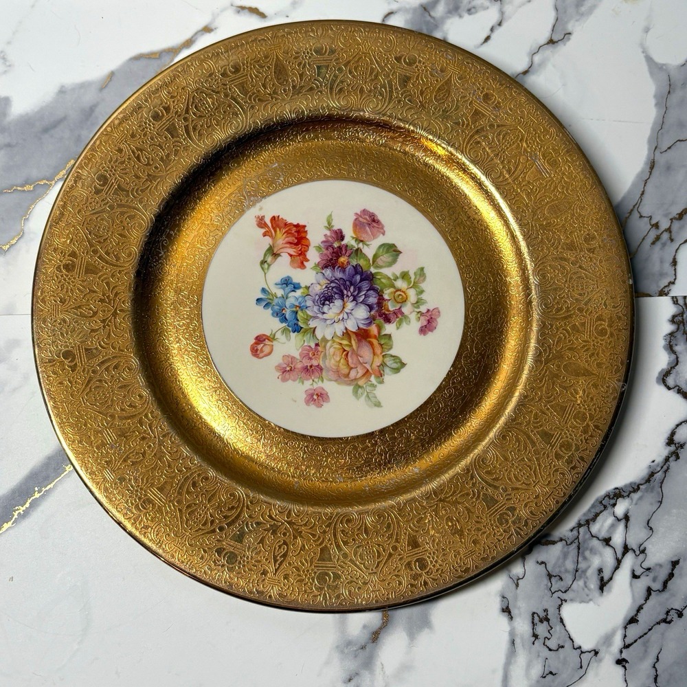 Vintage Limoges Royal China 22K Gold Hand Painted Floral Plate 10.5in Porcelain